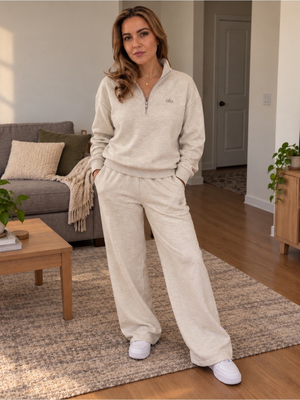 Alo Yoga Accolade 1/4 Zip + Straight Leg Sweatpant Set S Oatmeal Heather